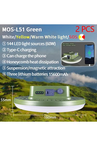 Choice MOS-L51Green 2 قطعة MOSLIGHTING مصباح تخييم قابل لإعادة الشحن في الهواء الطلق مصباح يدوي للصيد خيمة فانوس Wo