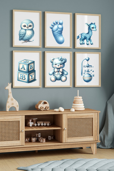 Hiras Dizayn Set de 6 postere pentru camera copiilor, drăguț ursuleț albastru...