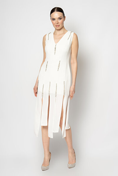 RENGIN Etek ucu dilimli taş aksesuarlı krep abiye elbise