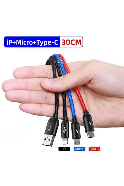 Baseus 3 in 1 Cable 30cm Baseus 3 in 1 USB Cable Type C Cable for Samsung S20 Xiaomi Mi 9 Cable for iPhone