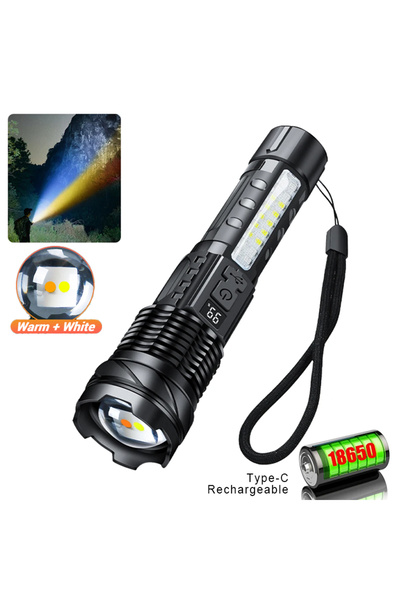 Choice5 2Pack Dual leds Powerful XHP50 LED Flashlight Waterproof 18650 Torch With Side Light 7 Modes Camping