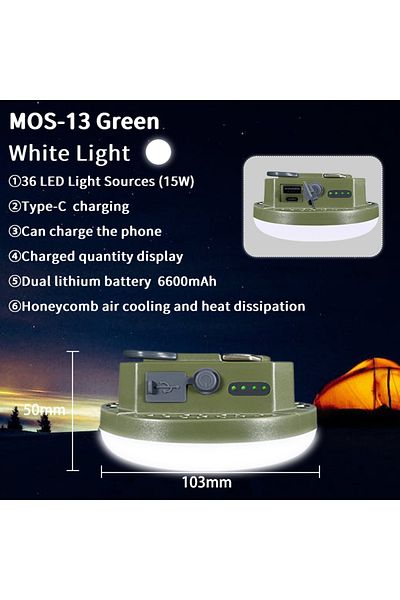 Choice فانوس تخييم قوي قابل لإعادة الشحن بقوة 9900 مللي أمبير في الساعة من Green-MOS-13-W MOSLIGHTING مزود بمغناطيس قوي