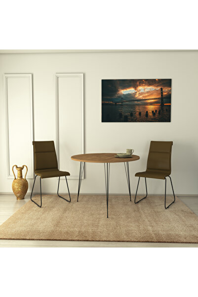 PASİFİC HOME Pasific Home Sandalf Metal Ayaklı Yuvarlak Mutfak Masası, Koyu Meşe