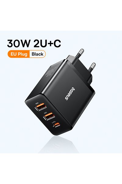 Baseus EU Plug Black Baseus 30W USB Charger QC3.0 PD3.0 Type C PD Fast Charging 3 Ports Quick Phone Charger