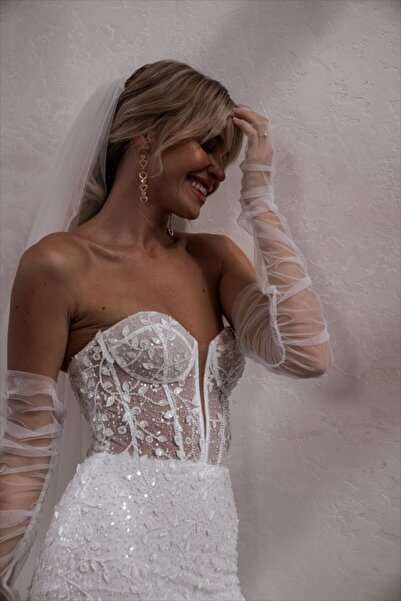 VENÜS MODA by Pınar Tül Eldiven Büzgülü M-l Beden Hayal Tülden Gelin Kolluğu