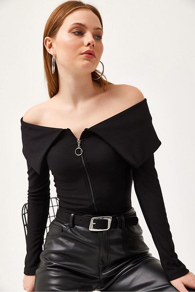 CALİENTE Zippered Collar Flowy Knitwear Blouse Black