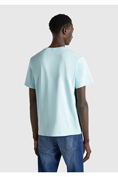 United Colors of Benetton Men's Light Blue 100% Cotton Benetton Logo Crew Neck T-Shirt