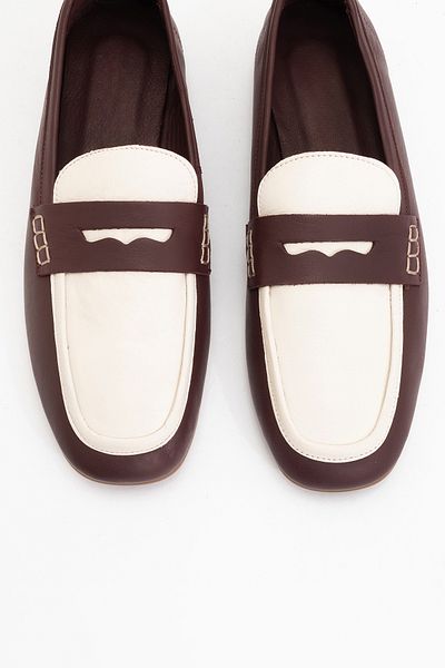 LuviShoes SKYE Burgunder-weiße Damen-Loafer-Schuhe aus echtem Leder mit stumpfer Zehenpartie