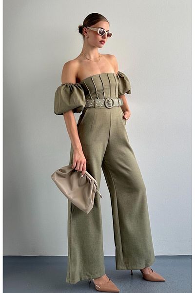 FASHION COCKTAIL Mâneci bufante, curea, bretele, buzunare, picior lat spaniol, talie înaltă, cocktail de noapte, invitație, salopetă lungă de vară
