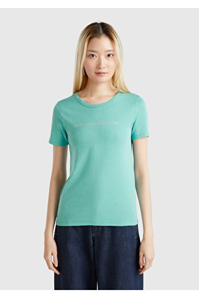 United Colors of Benetton Γυναικείο μπλουζάκι Ice Blue 100% βαμβακερό Benetton Basic με γράμματα