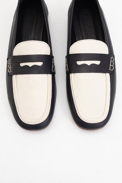 LuviShoes Skye Navy Blue-White Genuine Leather Blunt Toe Women's Loafer Shoes