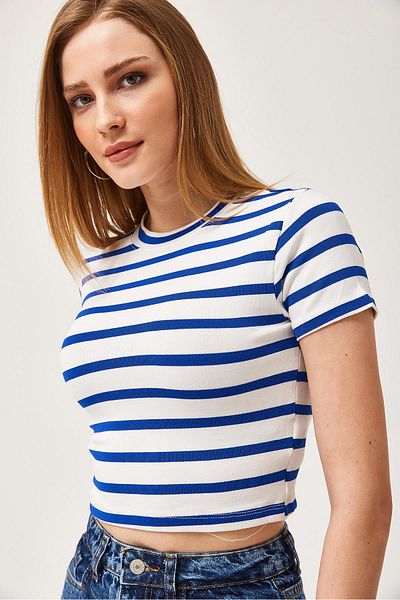CALİENTE Striped Crew Neck Crop Blouse Blue