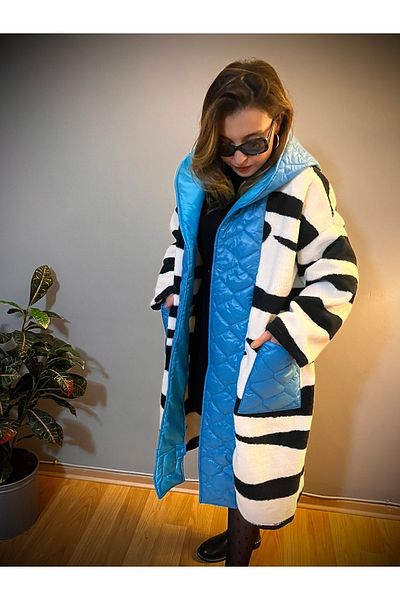 SEE MORE Quilted Fleece Zebra Pattern Oversize Coat