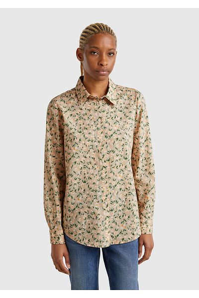 United Colors of Benetton Women's Beige-Green 100% Cotton Patterned Cuffed Regular Fit Muslin Shirt