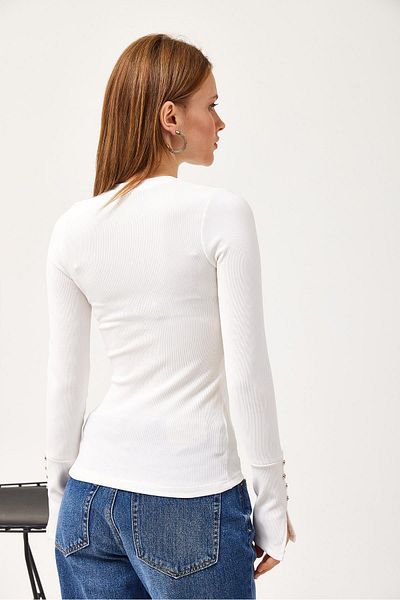 CALİENTE Buttoned Sleeve Crew Neck Blouse White