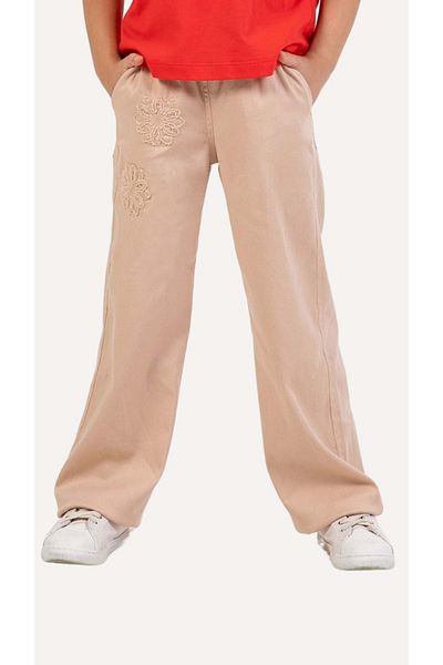 wakawakakidsstore Pantaloni de fetiță din Gabardină cu aplicații florale și detaliu din dantelă cu talie elastică