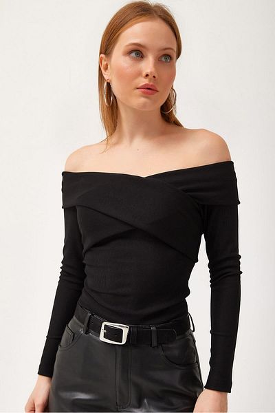 CALİENTE Ottoman Fabric Cross Collar Detail Blouse Black
