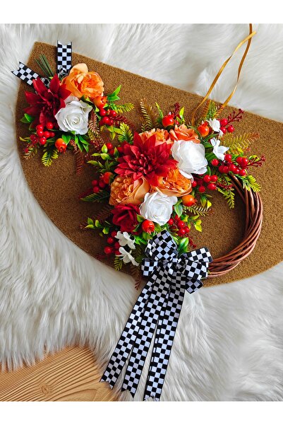 Serçeden Güllü Ve Kokina Çiçekli Bambu Çelenk Kapı Süsü Ve Paspas 2 Parça Takım