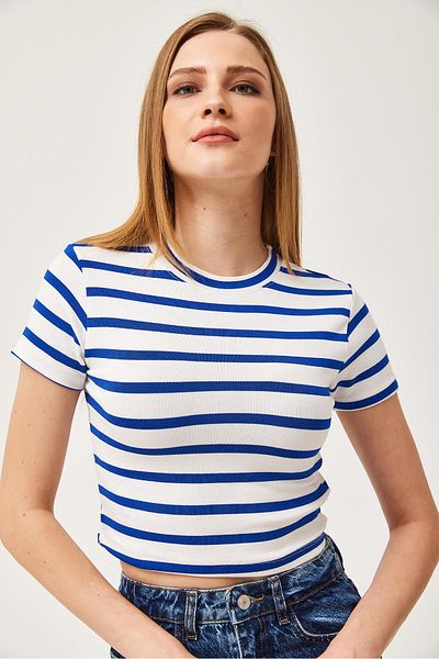 CALİENTE Striped Crew Neck Crop Blouse Blue