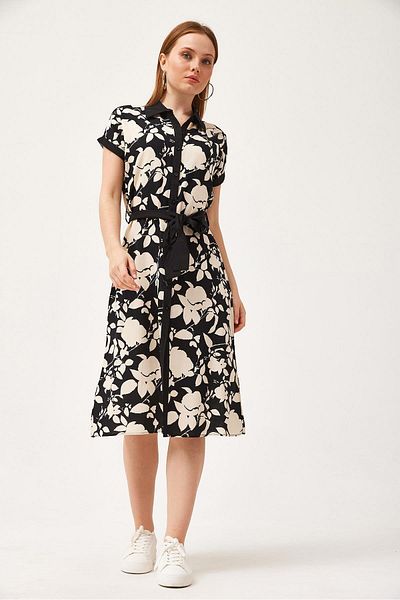CALİENTE Rochie cămașă din viscoză țesută cu mini curea florală neagră
