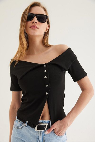 CALİENTE Shoulder Open Button Detailed Blouse Black