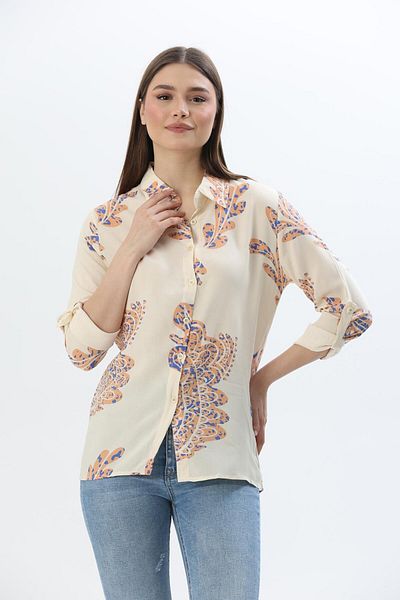 CALİENTE Cămașă casual din in cu model Bej