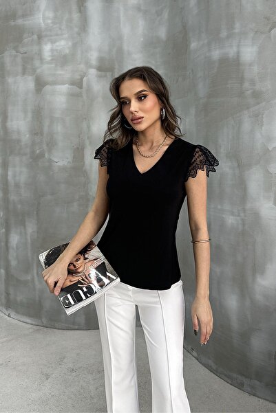 RB CLUB Bluză de damă cu mâneci din dantelă cu decolteu în V