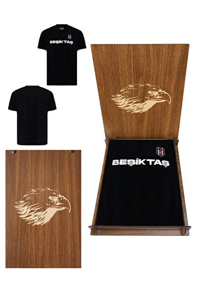 Beşiktaş Beşiktaş Lisanslı Yazılı Logolu Siyah T-Shirt Kartal Ahşap Kutulu