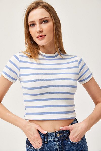CALİENTE Striped Crew Neck Crop Blouse Light Blue