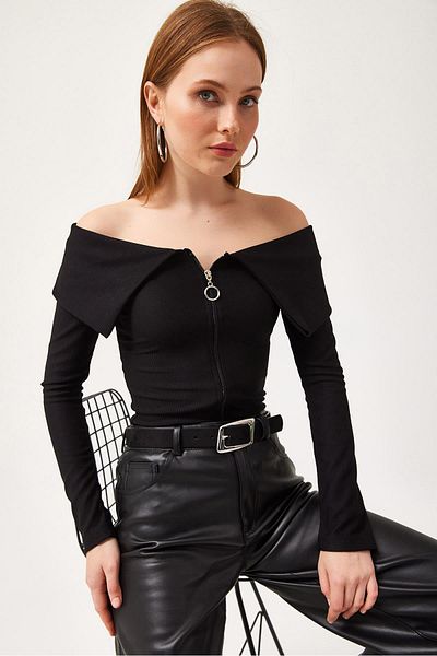 CALİENTE Zippered Collar Flowy Knitwear Blouse Black