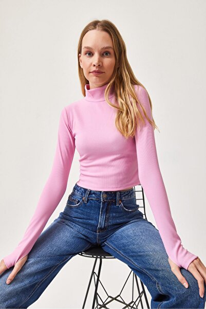 CALİENTE Stretchy Knitted Blouse with Finger Detail Pink