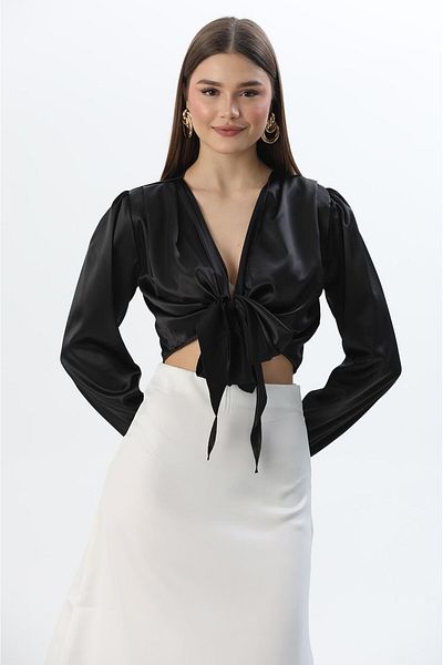 CALİENTE V Neck Waist Tie Satin Design Blouse Black