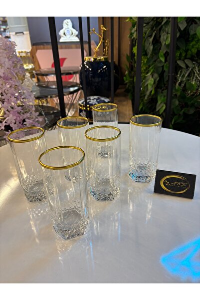 Paşabahçe Ars Pasabahce Valse 6 Pcs Gold Gilded Glass Water Cup, Soft Drink - Soda Glass,