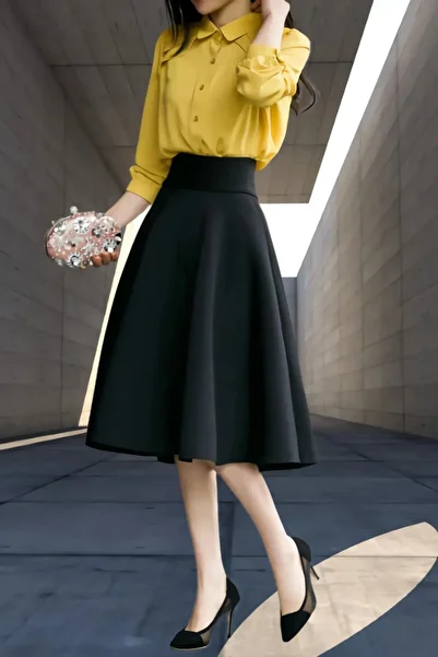 HSNLİFE Fusta neagră din satin midi cu talie înaltă Fusta din satin cu lungime midi de 75 cm