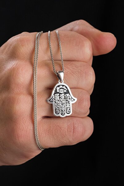 Tmt Silver Gümüş Fatma Ana Eli Ayetel Kürsi Yazılı Ayet Göz Model Kolye