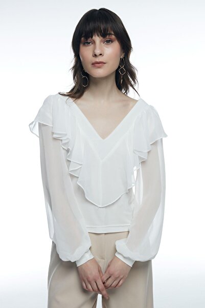 RB CLUB بلوزة نسائية ذات رقبة على شكل حرف V مكشكشة من الأمام