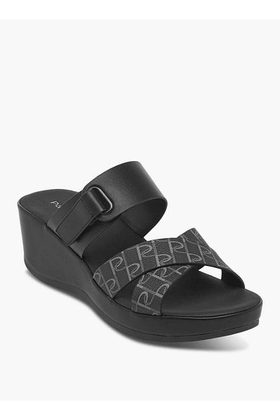 Paprika Monogram Print Slip-On Cross-Strap Sandals with Wedge Heel