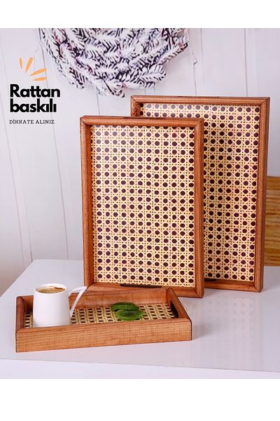 Deseja Wooden Dark Rattan Printed 3 Sizes Serving Presentation Tray Tableware for Kitchen