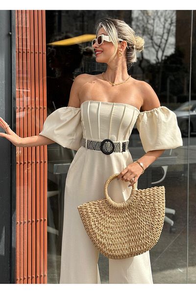 FASHION COCKTAIL Puff Sleeve Belted Straples with Pockets Wide Spanish Trotting High Waist Night Cocktail Invitation Summer Long Jumpsuit