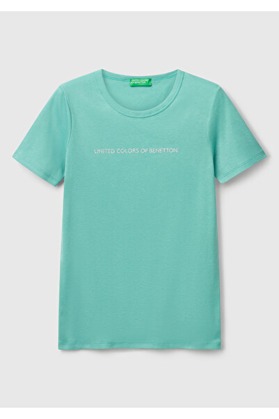 United Colors of Benetton Γυναικείο μπλουζάκι Ice Blue 100% βαμβακερό Benetton Basic με γράμματα