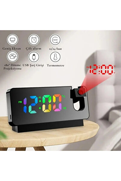 TechTic Çok Fonksiyonlu Projeksiyon Masa Saati Renkli Ekran Alarmlı Takvim Derece Aynalı Yansıtmalı