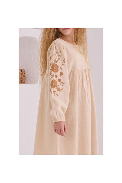 CİCHLİD Girl's Linen Dress with Embroidered Sleeves