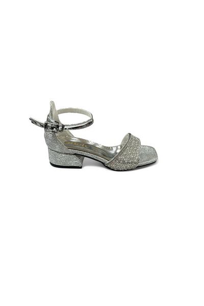 iskarpino Girl's Heeled Single Band Stone Detailed Silver Short Heel Evening Dress Shoes