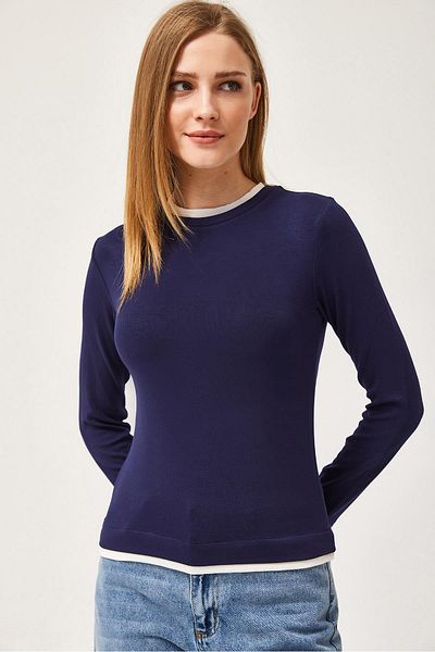 CALİENTE Flexible Blouse with Collar and Hem Garnish Navy Blue