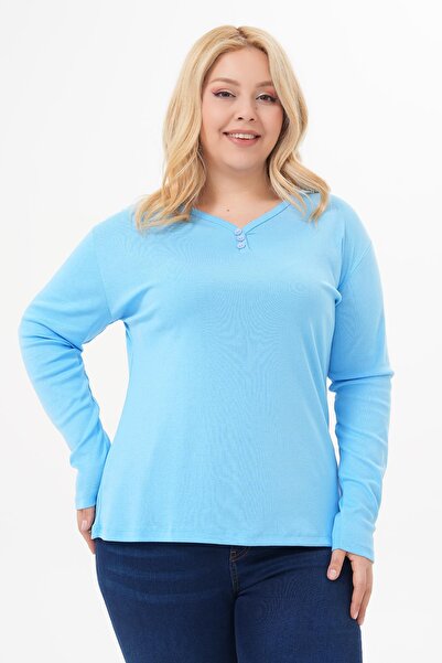 Siyezen Plus Size Three Button Detailed Cotton Lycra Basic Blouse