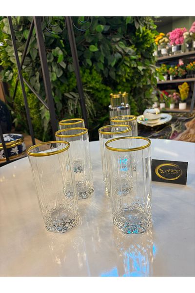 Paşabahçe Ars Pasabahce Valse 6 Pcs Gold Gilded Glass Water Cup, Soft Drink - Soda Glass,