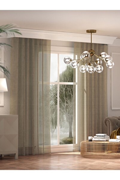 FAVOLLİ Straw Color Linen Look Plain Extrafoam Tulle Curtain
