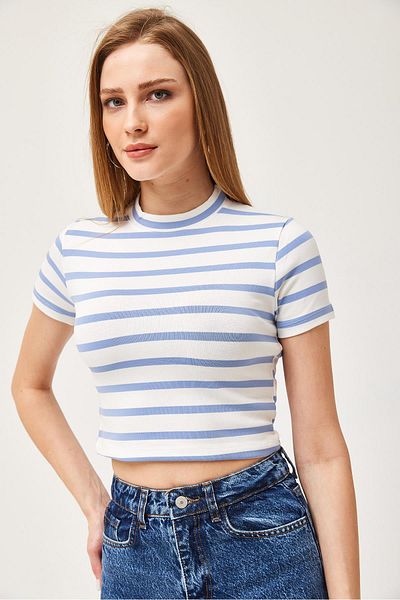 CALİENTE Striped Crew Neck Crop Blouse Light Blue