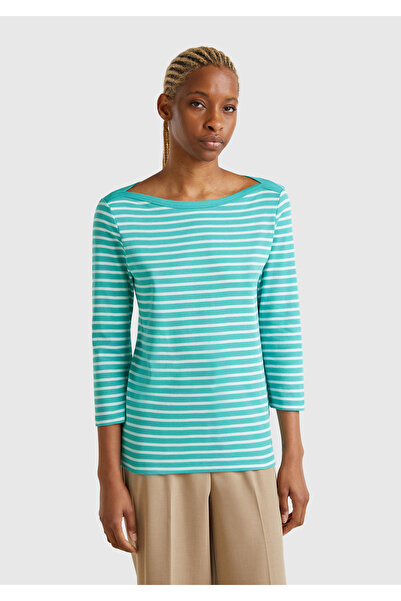 United Colors of Benetton Γυναικείο μπλουζάκι μπλε 100% βαμβακερό ριγέ λογότυπο με λαιμόκοψη με μανίκια τριών τετάρτων