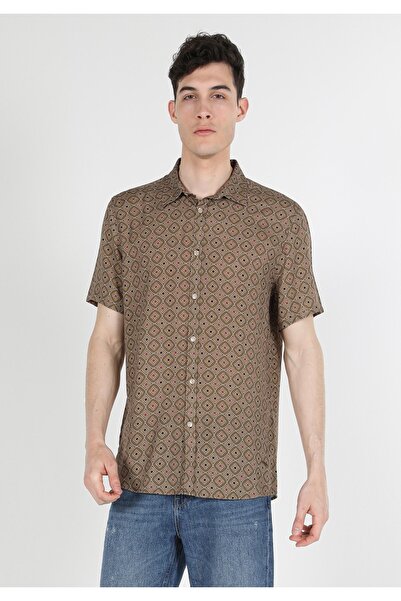 Colin's Regular Fit Shirt Neck Baskılı Erkek Bej Kısa Kol Gömlek